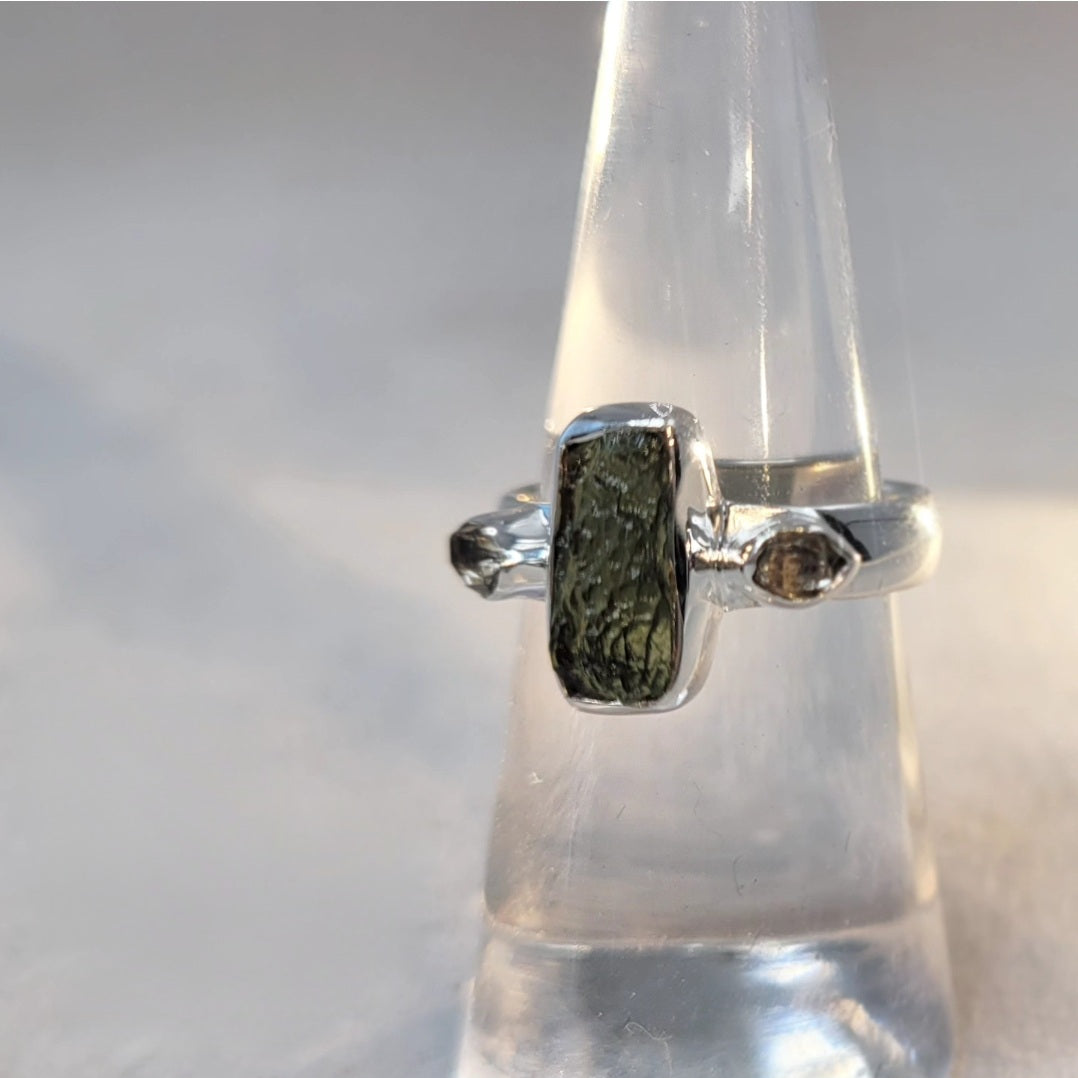 Moldavite and Pakimer Quartz Ring